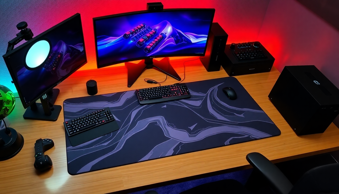 Gaming setup with dual monitors, keyboard, mouse, and custom desk mat highlighting benefits of custom desk mats for Gamers